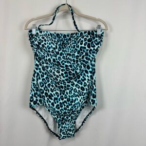 Jantzen Women’s M One Piece Halter / Strapless Swimsuit Blue Black Cheetah Print